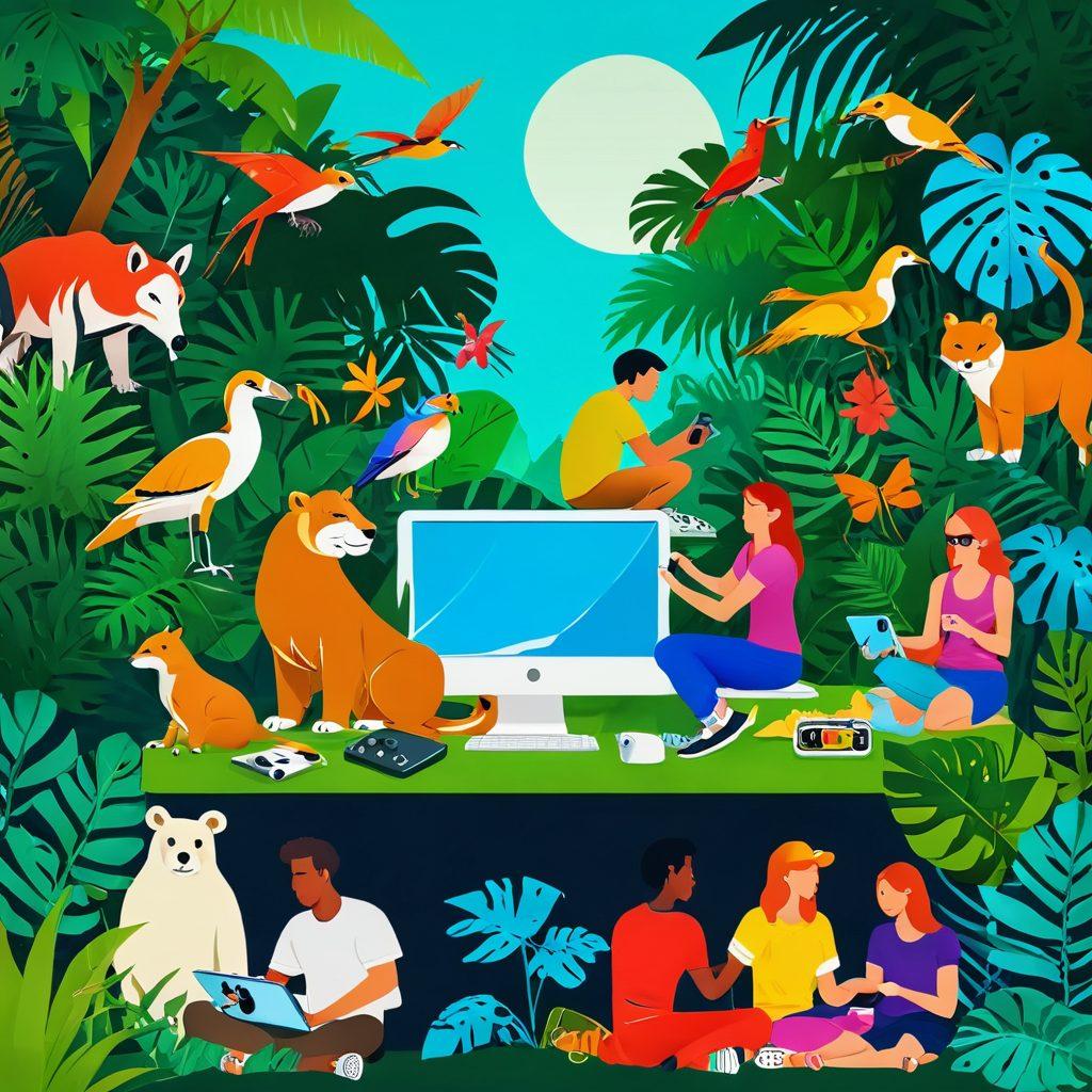 A vibrant collage of wild and adventurous online activities, depicting a group of diverse people engaging in fun activities, like gaming, travel planning, and exploring wildlife websites, all set against a lush jungle background. Add playful elements such as cartoon animals and colorful graphics representing different websites in a dynamic arrangement. lively colors. modern vector art. tropical theme.