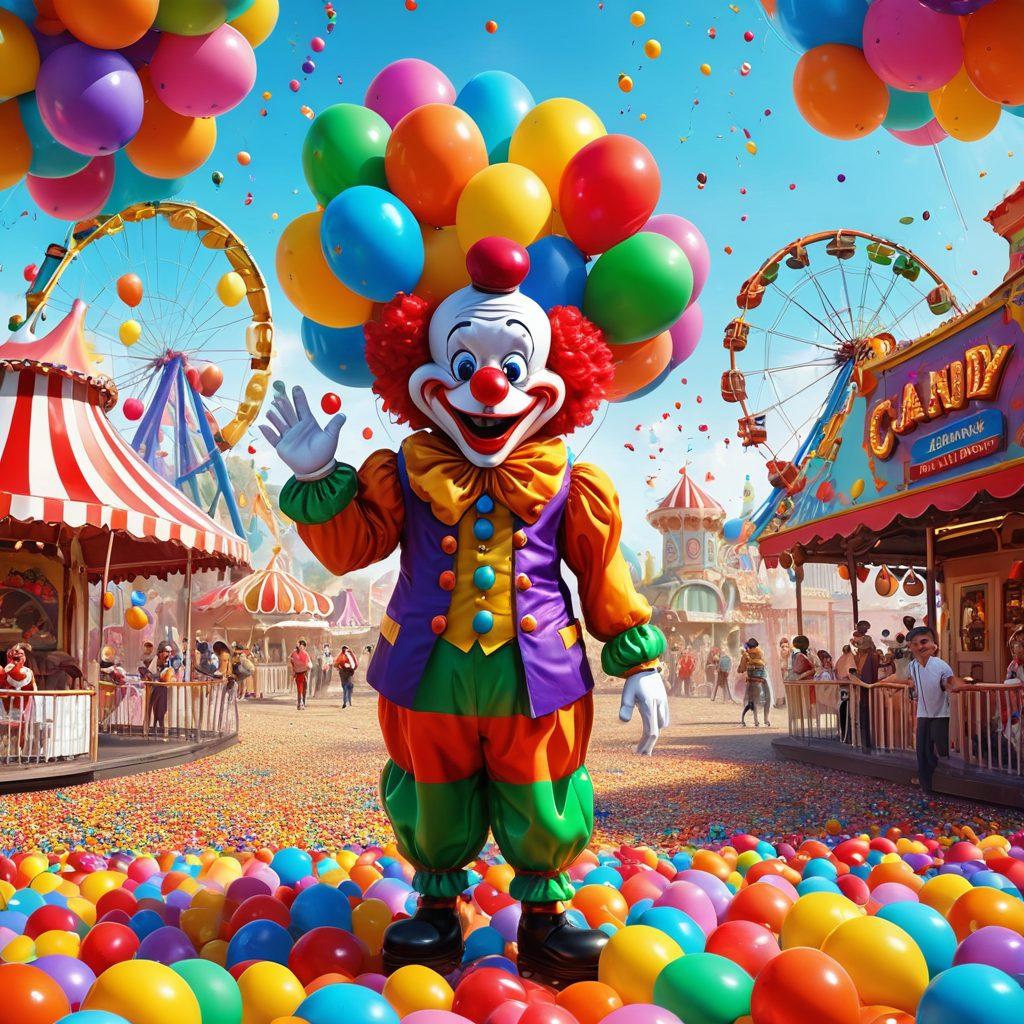 A whimsical carnival scene filled with bizarre and hilarious attractions: a giant clown juggling oversized colorful balloons, a funhouse mirror distorting reflections, and a roller coaster made of candy. Add vibrant characters enjoying the fun, with confetti raining down to enhance the lively atmosphere. cartoon style. vibrant colors. playful and light-hearted vibe.