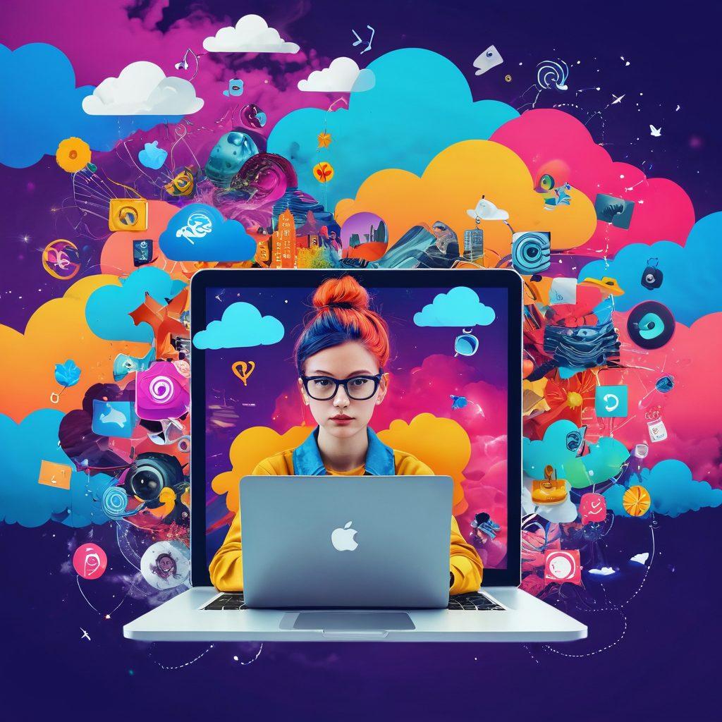 A surreal digital collage showcasing eclectic online platforms, featuring a whimsical mix of vibrant colors, bizarre avatars, and quirky user interfaces. Incorporate elements like playful icons, social media logos, and abstract tech graphics swirling around an open laptop. Add a touch of motion with clouds and glitch effects to evoke a sense of adventure and exploration in the digital realm. super-realistic. vibrant colors. 3D.